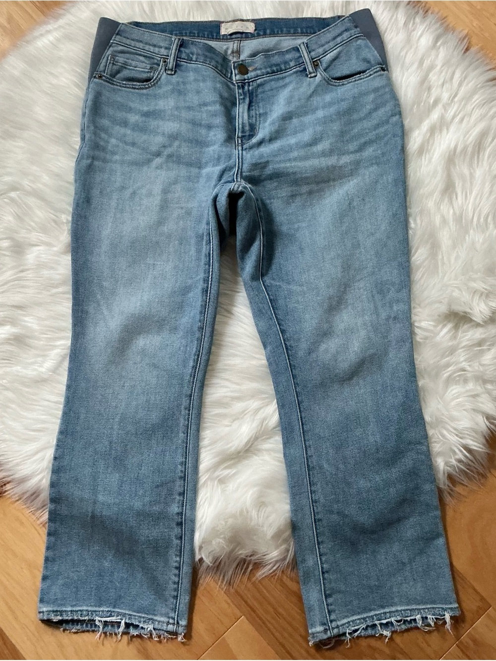 Hatch Light Wash Cropped Straight Leg Distressed Hem Jeans Size 30 Maternity